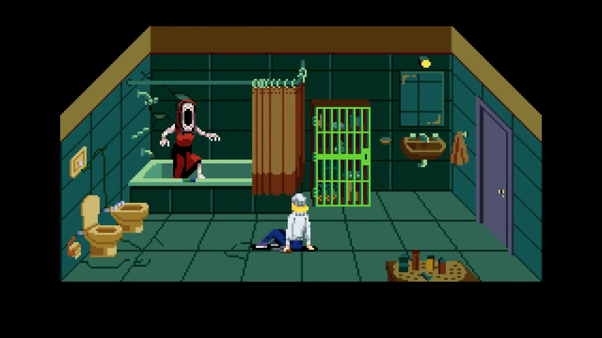 Pixel-art bathroom: a figure stands in the tub while the player sits on the floor